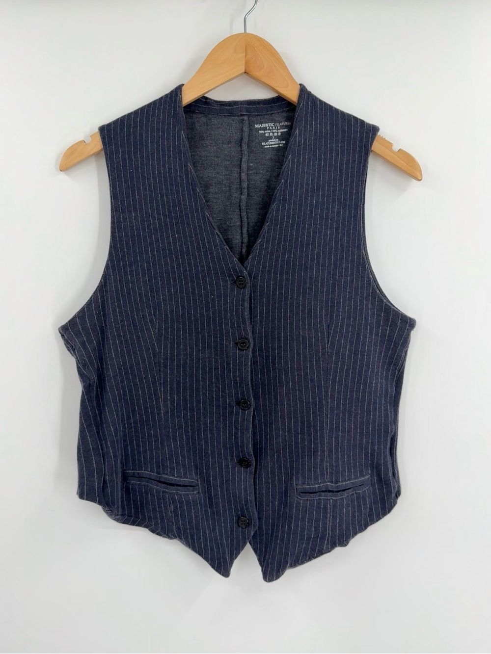 Majestic Filatures Paris Pinstripe Cotton Cashmere Vest | Navy / White | Small